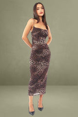 Brown Animal Print Maxi Mesh Bodycon Dress