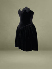 Black Velvet Drop Waist Corset Puffy Mini Dress with Lace Trim