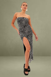 Black Animal Print Bodycon Dress Midi Strapless Side Split Mesh