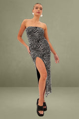 Black Animal Print Bodycon Dress Midi Strapless Side Split Mesh