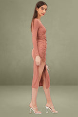 Brown Midi Dress Long Sleeve Bodycon