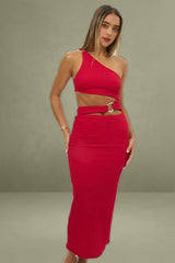 Red One-Shoulder Textured Bodycon Dress