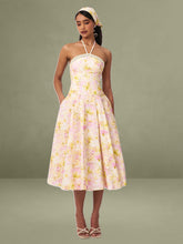 Zaina Yellow Pink Floral Print Lace Trim Linen Midi Dress
