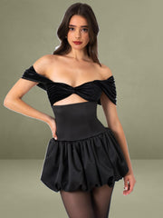 Black Velvet Top Bubble Hem Mini Dress