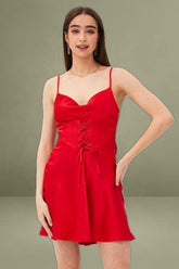 Red Mini Dress Sleeveless Cowl Neck Corset Waist Satin