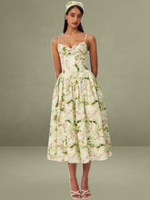 Jacinda Green Floral Print Ruched Breast Linen Midi Dress