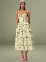 Jacinda Green Floral Print Ruched Breast Linen Midi Dress