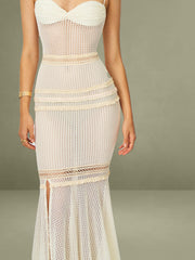 Beige Lace Trim Crochet Mermaid Maxi Dress