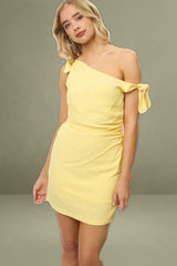 Yellow Bodycon Linen Dress with Tie-up Shoulder