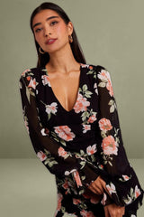 Black Floral Ruffle Dress Long Sleeve Flared Cuff Mini Dress