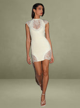 White Lace Crepe Backless Mini Dress