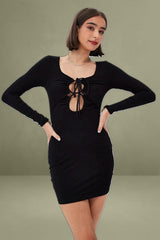 Long Sleeve Cut Out Details Black Bodycon Rib Dress