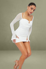 White Mini Dress Long Sleeve Halter Bodycon Ruched Mesh