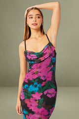 Pink Floral Maxi Cowl Neck Bodycon Singlet Dress