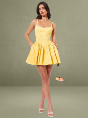Kadi Yellow Cotton Drop Waist Corset Mini Dress