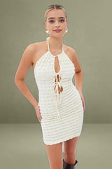 Beige Textured Mini Dress Backless