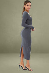 Grey Midi Dress Long Sleeve Bodycon Ribbed