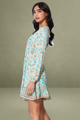 Boho Print Mini Dress Long Sleeve V Neck