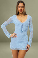 Blue Bodycon Dress Mini Long Sleeve Burnout
