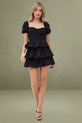 Black Corset Dress Puff Sleeve Tiered Bustier Dress
