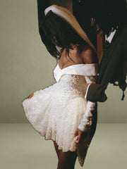 Bead Embroidered Mesh Off-Shoulder Long Sleeve Mini Dress