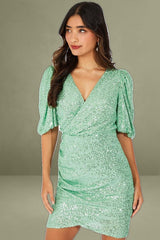 Green Sequin Mini Dress Wrap Puff Sleeve Dress