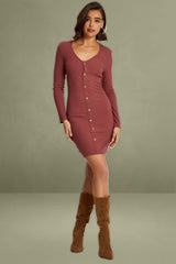 Brown Button Front Bodycon Dress