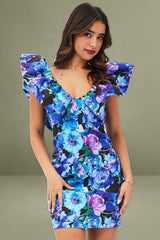 Floral Ruffled Shoulder Deep-V Mini Dress
