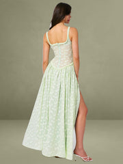 Ulissa Light Green Square Neck Jacquard Textured High Slit Maxi Dress