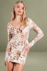 Beige Floral Ruffle Mini Dress Bell Cuff Bodycon Mini Dress