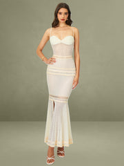 Beige Lace Trim Crochet Mermaid Maxi Dress