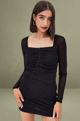 Black Long Sleeve Mini Bodycon Mesh Dress with Hook & Eye