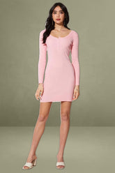 Pink Long Sleeve Knit Bodycon Dress