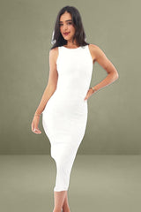 White Bodycon Dress Round Neck Sleeveless Burnout