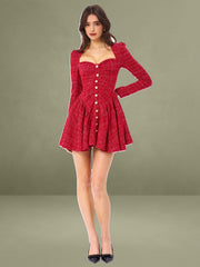 Red Tweed Long Sleeve Drop Waist Mini Dress
