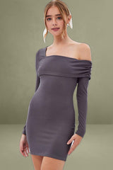 Grey Off Shoulder Dress Ribbed Long Sleeve Mini Bodycon