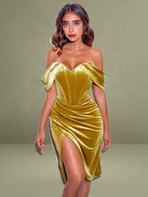 Omaria Gold Velvet Off Shoulder Corset Dress