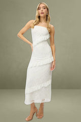 White Bodycon Midi Lace Boob Tube Dress with Ruffle