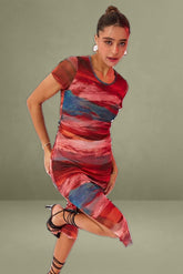 Brown Abstract Midi Dress Short Sleeve Bodycon Mesh