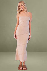 Beige Bodycon Dress Midi Strapless