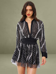 Rachelle Black Embroidered Mesh Mini Shirt Dress