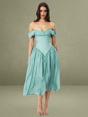 Xavy Teal Green Off Shoulder Corset Midi Dress