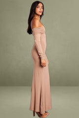 Brown Off Shoulder Dress Long Sleeve Maxi