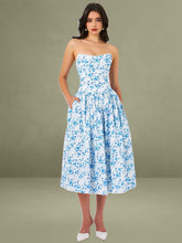 Paloma Blue Print Linen Corset Draping Top Midi Dress