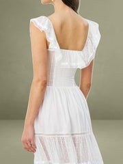 Square Neck Ruffle Trim High Waist Midi Dress