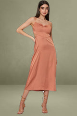 Brown Midi Dress Cowl Neck Satin