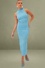 Blue Maxi Dress High Neck Sleeveless