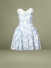 Taleah Blue Floral Print Linen Mini Dress with Lace Trim