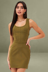 Green Mini Dress Sleeveless Corset Detail Bodycon