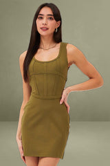 Green Mini Dress Sleeveless Corset Detail Bodycon